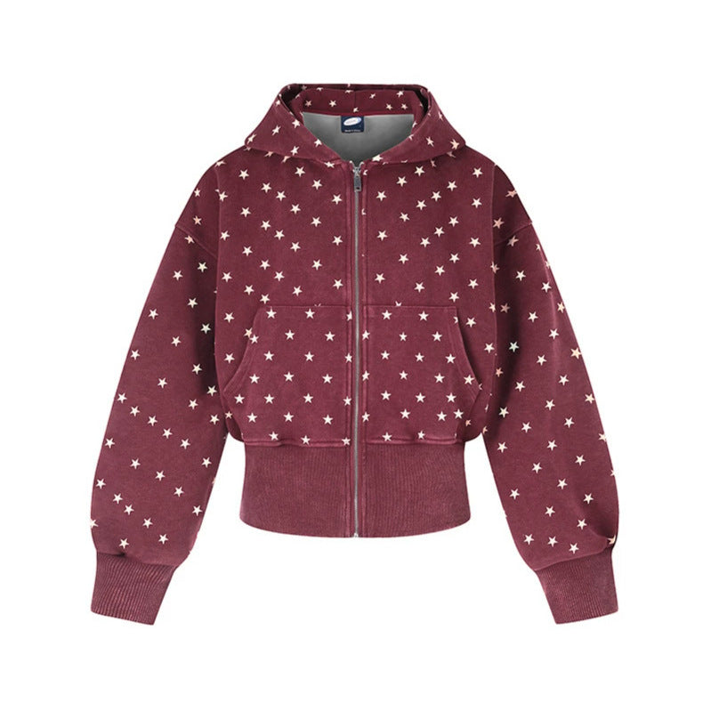 Damen Kurze Kapuzen-Sweatjacke mit durchgehendem Reißverschluss, gepunktetem Allover und breitem Rippbund Shop Nory