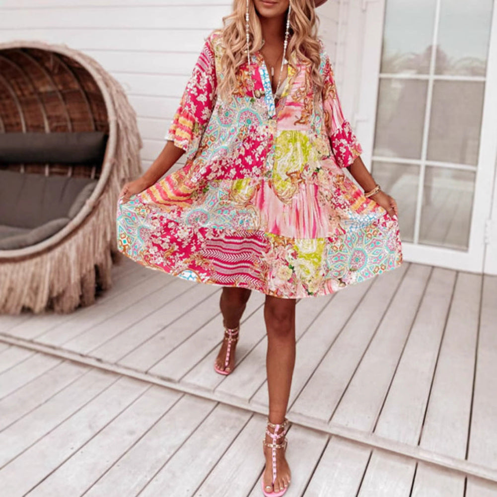 Damen nan Luftiges Stufenkleid im Patchwork-Boho-Stil mit Stehkragen, geraffter Taillennaht und Dreiviertelärmeln