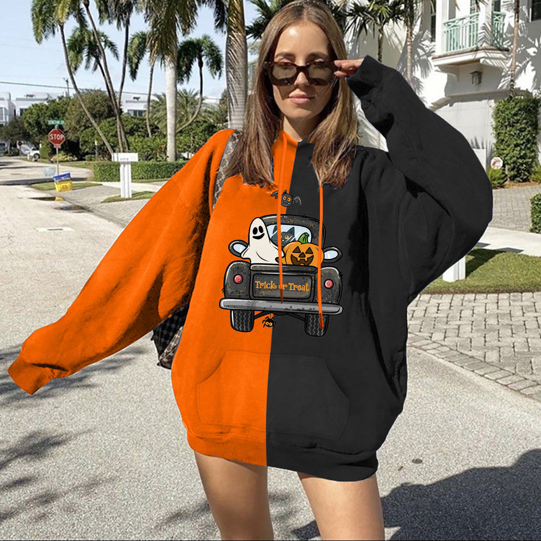 Damen nan Oversize Kapuzenpullover mit geteilter Block‑Optik und Halloween‑Wichtelprint Shop Nory
