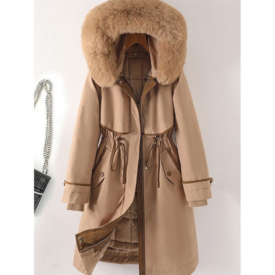Damen nan langer Parka mit Kunstfellkapuze Taillenzug und kontrastierten Paspeln Shop Nory