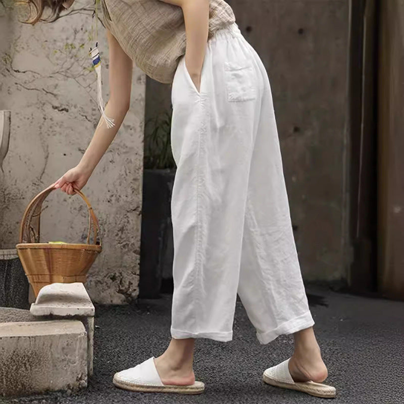 Damen lässige Leinenhose mit elastischem Bund und seitlichen Taschen ShopNory