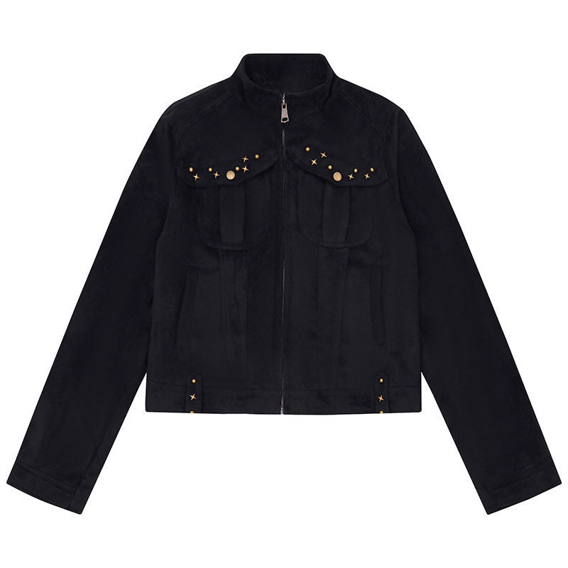 Damen Kurz geschnittene Velourslederjacke mit Stehkragen, Zier‑Nieten und Pattentaschen Shop Nory