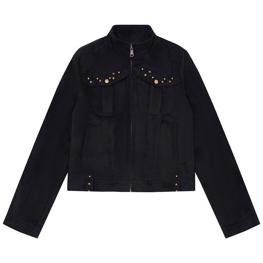 Damen Kurz geschnittene Velourslederjacke mit Stehkragen, Zier‑Nieten und Pattentaschen Shop Nory