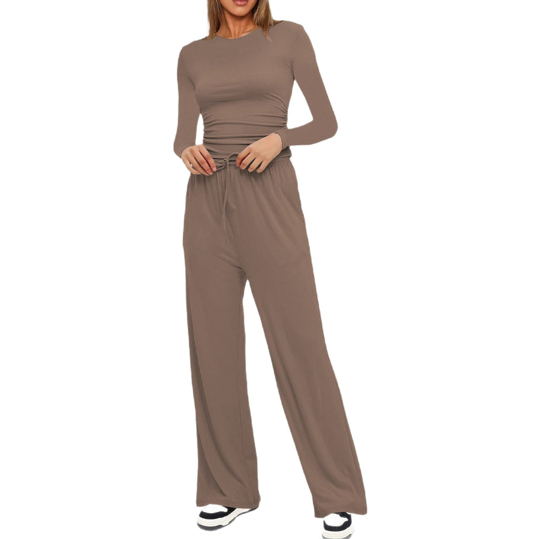 Damen Figurbetontes Longsleeve mit seitlicher Raffung und High-Waist Palazzo-Jogginghose Set Shop Nory