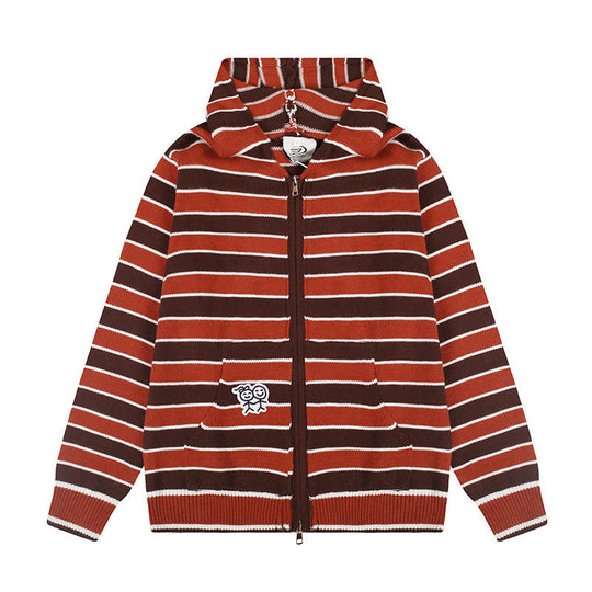 Damen Kapuzen‑Strickjacke mit durchgehendem Reißverschluss, gestreifter Struktur und Stickdetail Shop Nory