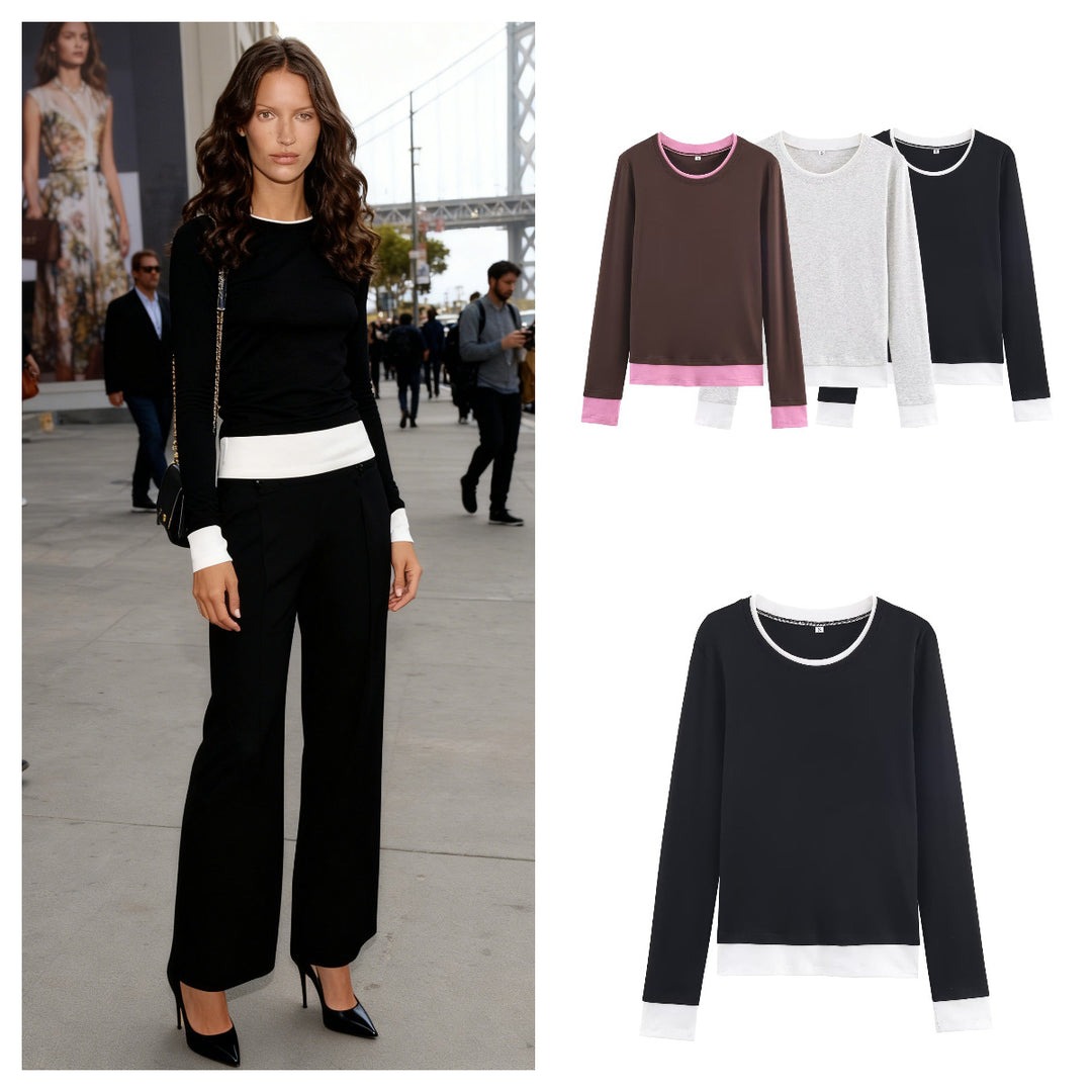 Damen Lässiges Langarm-Layering-Shirt mit doppellagigem Saum und eingesetzten Manschetten Shop Nory
