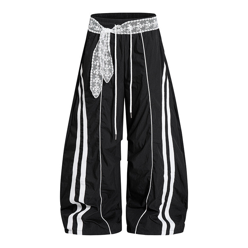 Damen Weite Palazzo-Loungehose mit elastischem Komfortbund, Kontraststreifen und Spitzenschnur Shop Nory