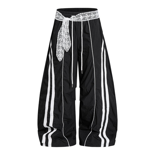 Damen Weite Palazzo-Loungehose mit elastischem Komfortbund, Kontraststreifen und Spitzenschnur Shop Nory