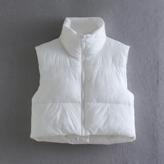 Damen cropped Daunenweste mit hohem Kragen und praktischen Taschen