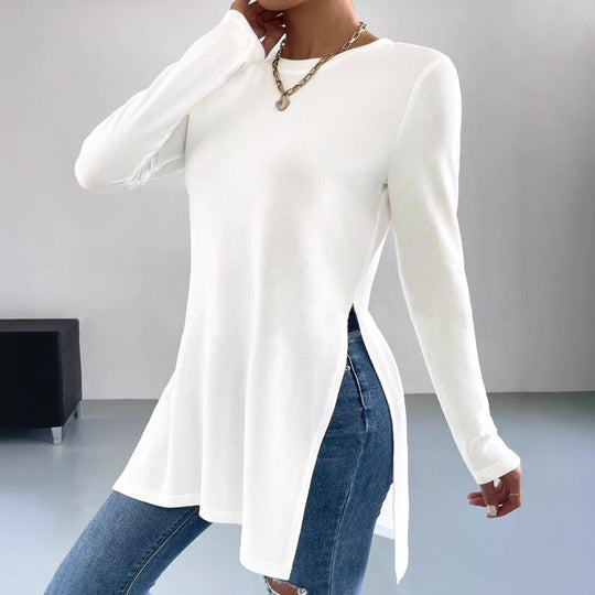 Damen Langes Feinstrick-Tunika-Shirt mit Seitenschlitzen und gerundetem Saum Shop Nory