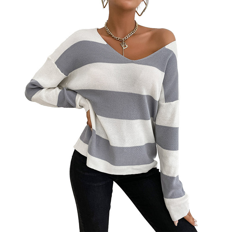 Damen Leichter Oversize‑Strickpullover mit V‑Ausschnitt und breitem Streifenmuster Shop Nory