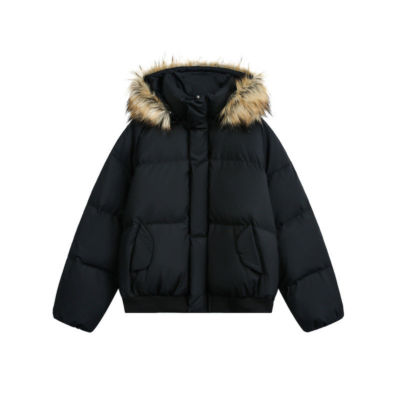 Damen Kurz geschnittene wattierte Bomberjacke mit Kapuze und Kunstfellbesatz Shop Nory