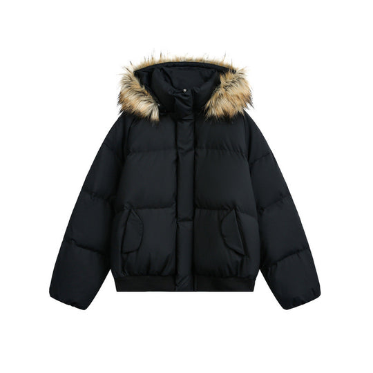 Damen Kurz geschnittene wattierte Bomberjacke mit Kapuze und Kunstfellbesatz Shop Nory