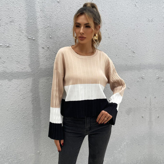 Damen Gerippter Colorblock-Pullover mit weitem Ärmelbündchen Shop Nory