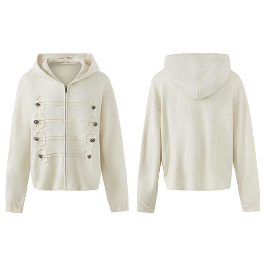 Damen Kapuzen-Strickjacke mit militärischen Zierknöpfen und Reißverschluss Shop Nory