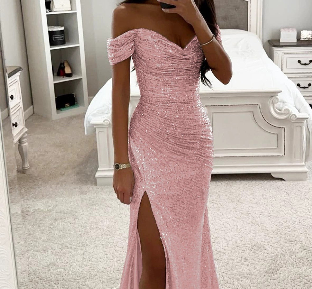 Damen Glitzerndes Off-Shoulder Abendkleid mit seitlichem Schlitz