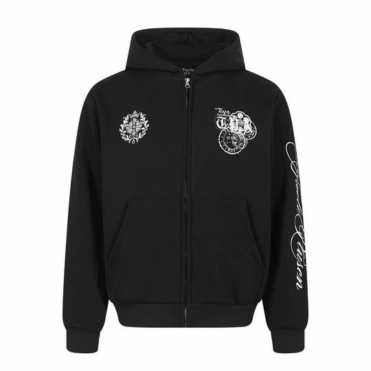 Unisex Kapuzen‑Sweatjacke mit durchgehendem Reißverschluss, Kängurutasche und ornamentalen Siegel‑Prints Shop Nory