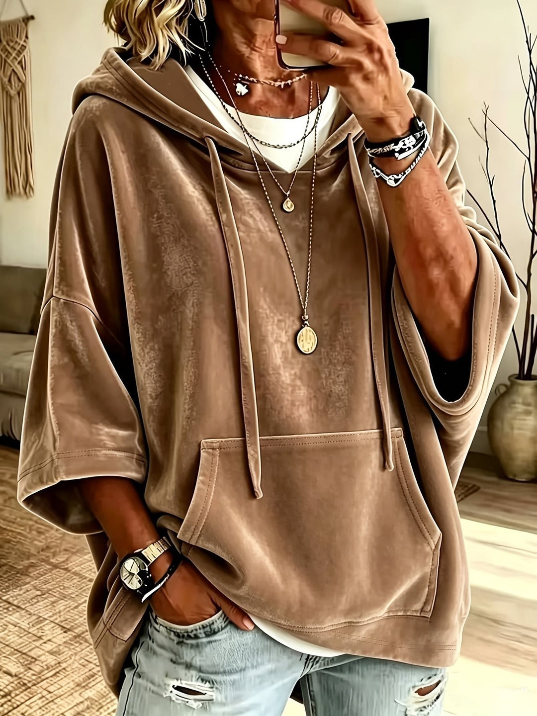 Damen Oversize Samt-Hoodie mit halbarm, Kapuze und Kängurutasche Shop Nory