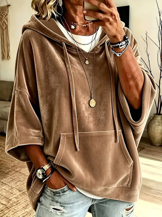 Damen Oversize Samt-Hoodie mit halbarm, Kapuze und Kängurutasche Shop Nory