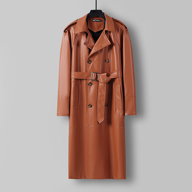 Herren Langer Kunstleder-Trenchcoat mit Doppelreiher, Taillengürtel und Schulterklappen Shop Nory