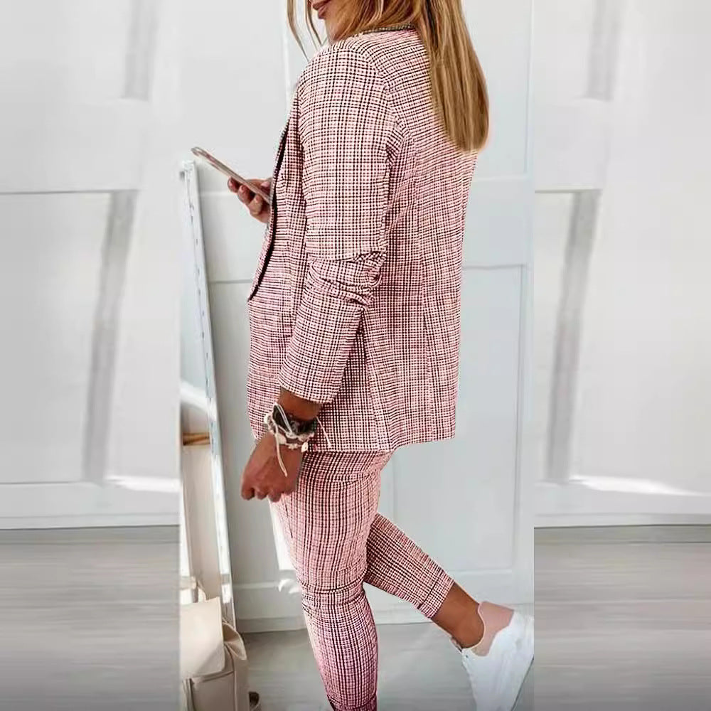 Damen nan zweiteiliges Karomuster Business-Casual Blazer-Set mit elastischer Bundhose Shop Nory