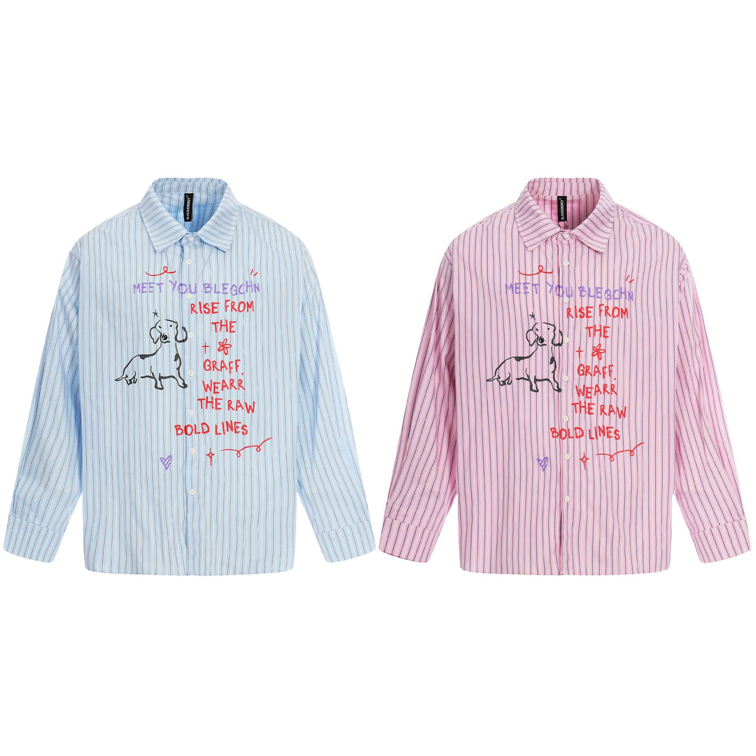 Damen Oversize-Hemdbluse mit Streifenstruktur und handgezeichnetem Grafikprint Shop Nory