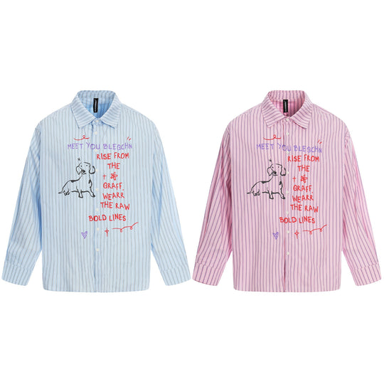 Damen Oversize-Hemdbluse mit Streifenstruktur und handgezeichnetem Grafikprint Shop Nory