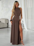 Damen Elegantes Maxikleid mit schimmerndem Stoff und hohem Schlitz Shopnory