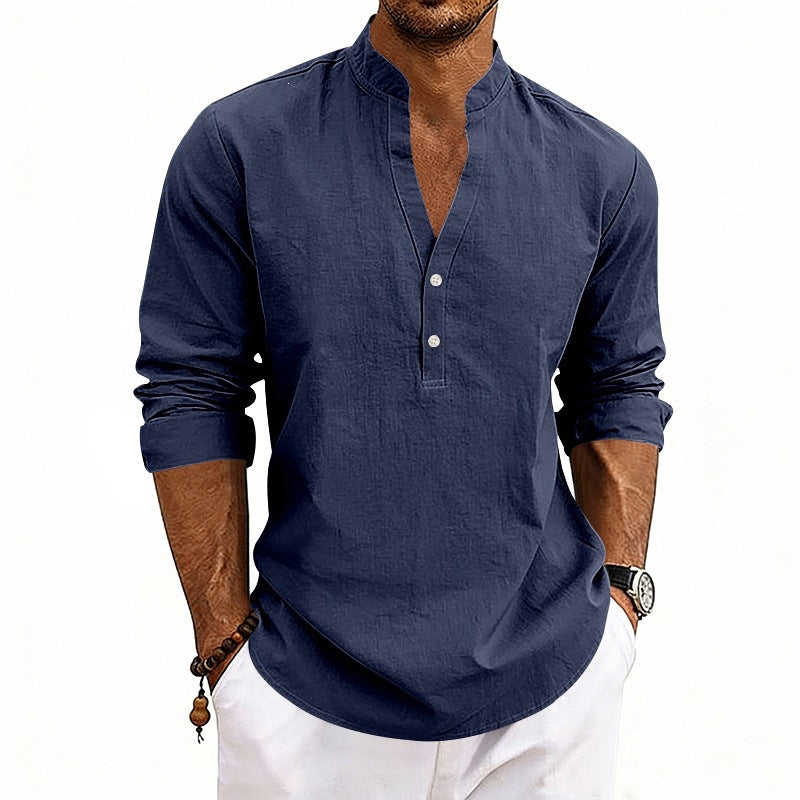 Herren Casual-Langarmhemd aus Leinen mit Stehkragen und kurzer Knopfleiste Shop Nory