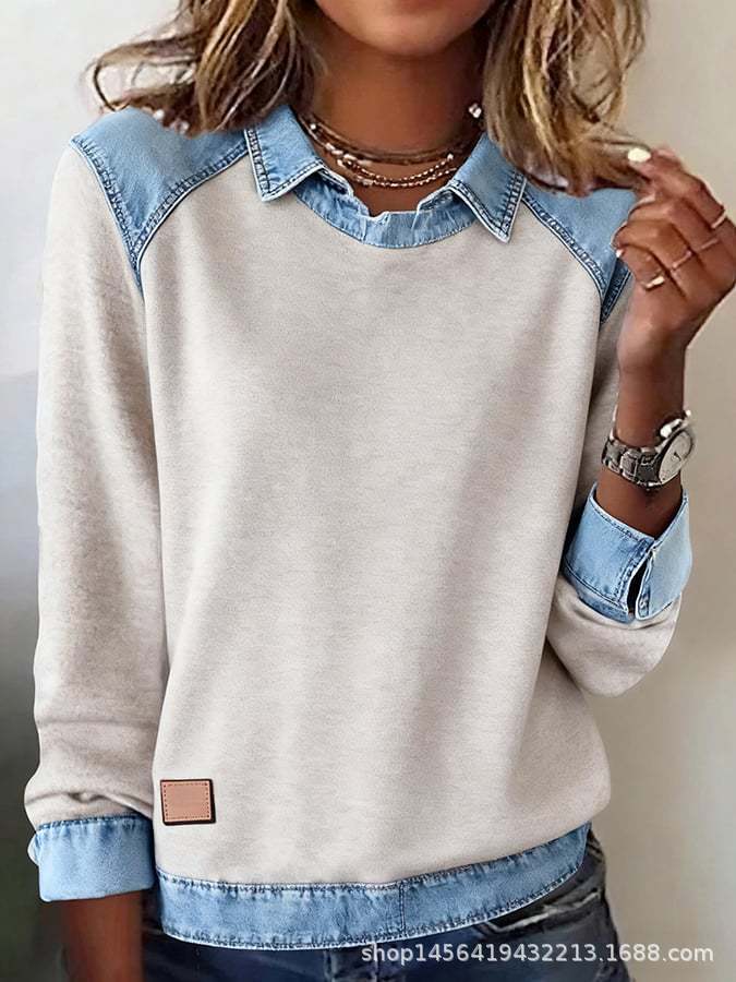Damen nan gerippter Strickpullover mit Jeanskragen und Knopfleiste Shop Nory