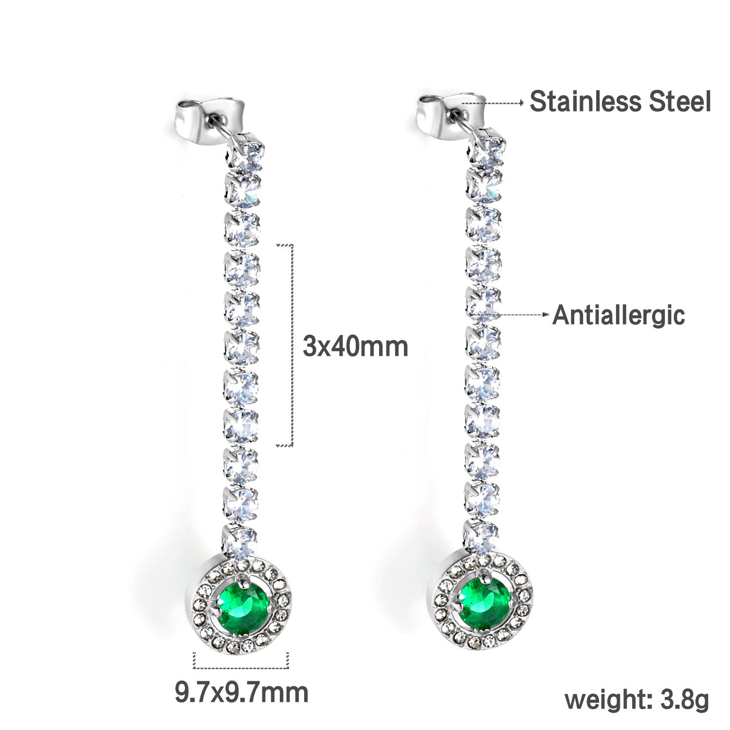 Damen Hängende Ohrstecker mit funkelnden Zirkonia und grünem Kristallanhänger Shop Nory