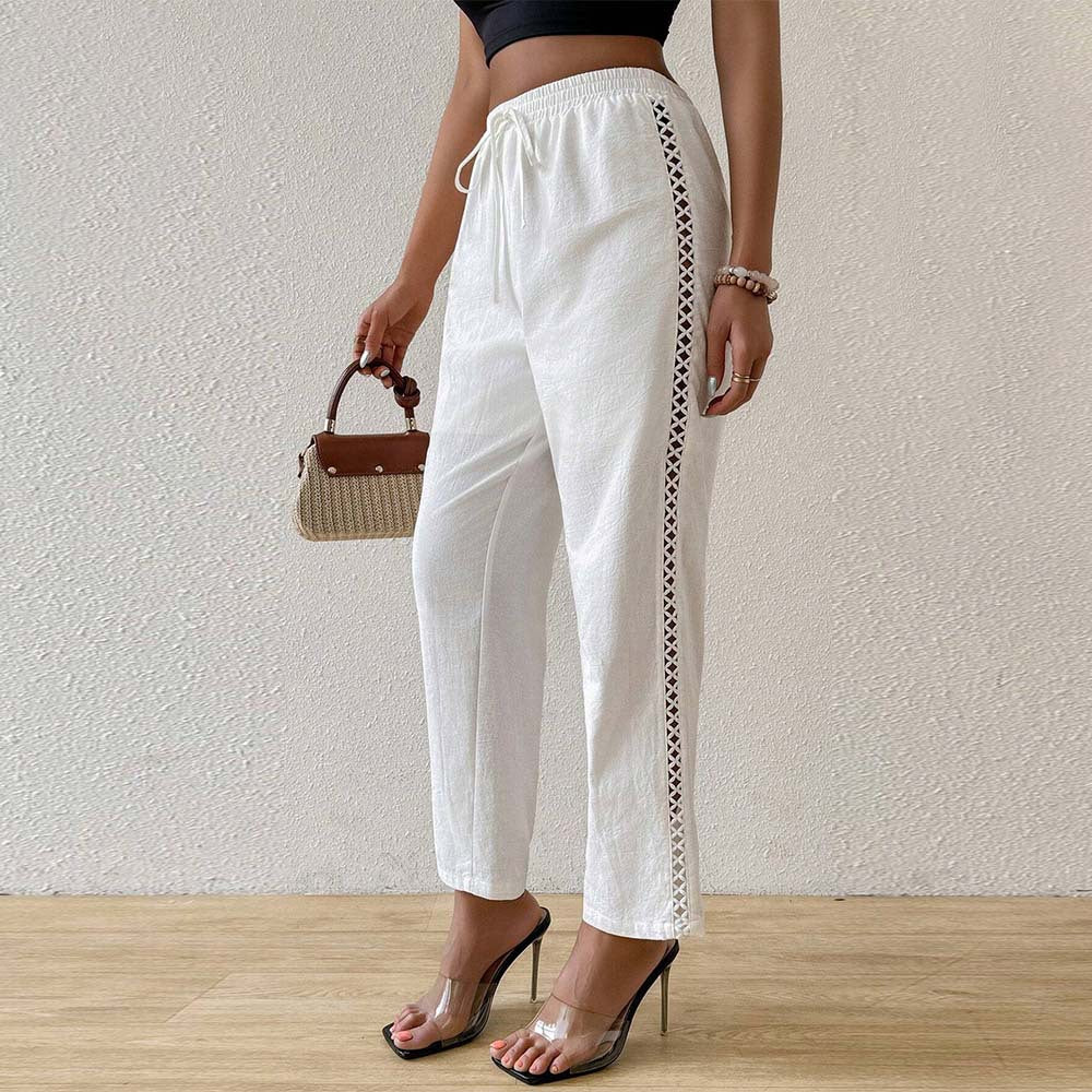 Damen lässige Leinenoptik-Hose mit elastischem Bund, Tunnelzug und seitlicher Spitzeneinsatz Shop Nory