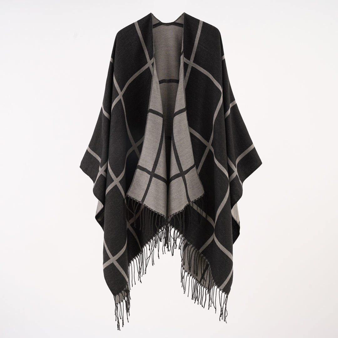 Damen Reversloser Wollmix-Umhang mit großem Karomuster und Fransensaum Shop Nory