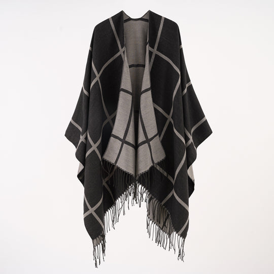 Damen Reversloser Wollmix-Umhang mit großem Karomuster und Fransensaum Shop Nory
