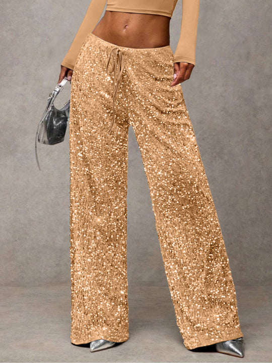 Damen Pailletten-Palazzohose mit hohem Bund und Kordelzug Shop Nory