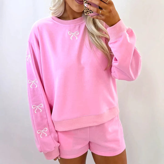 Damen Kuscheliges Sweat-Lounge-Set mit Shorts und bestickten Ballonärmeln Shop Nory