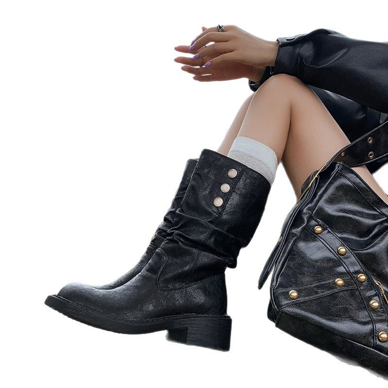 Damen Modische Stiefel mit gerafftem Schaft und dekorativen Knöpfen