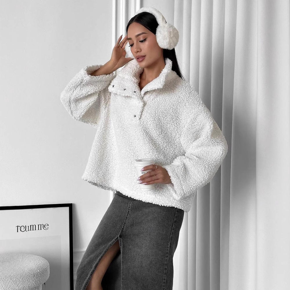 Damen Oversized Teddy-Pullover mit halber Druckknopfleiste und Stehkragen Shop Nory