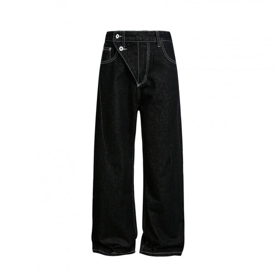 Damen Weite High‑Waist Denim-Jeans mit asymmetrischer Knopfleiste und Kontrastnähten Shop Nory
