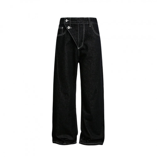 Damen Weite High‑Waist Denim-Jeans mit asymmetrischer Knopfleiste und Kontrastnähten Shop Nory
