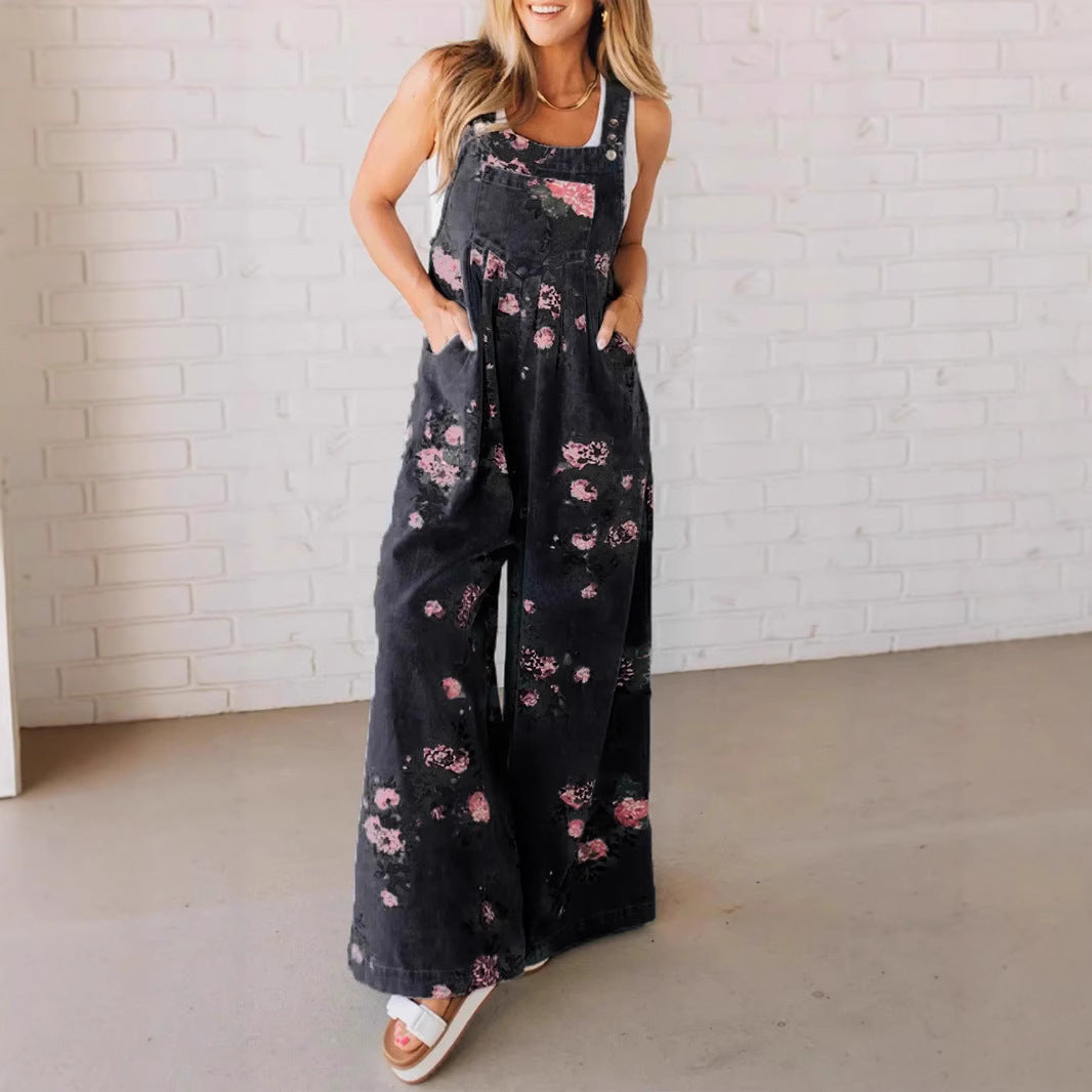 Damen Lässiger Denim-Hosenanzug mit floralem Print und weiten Beinen