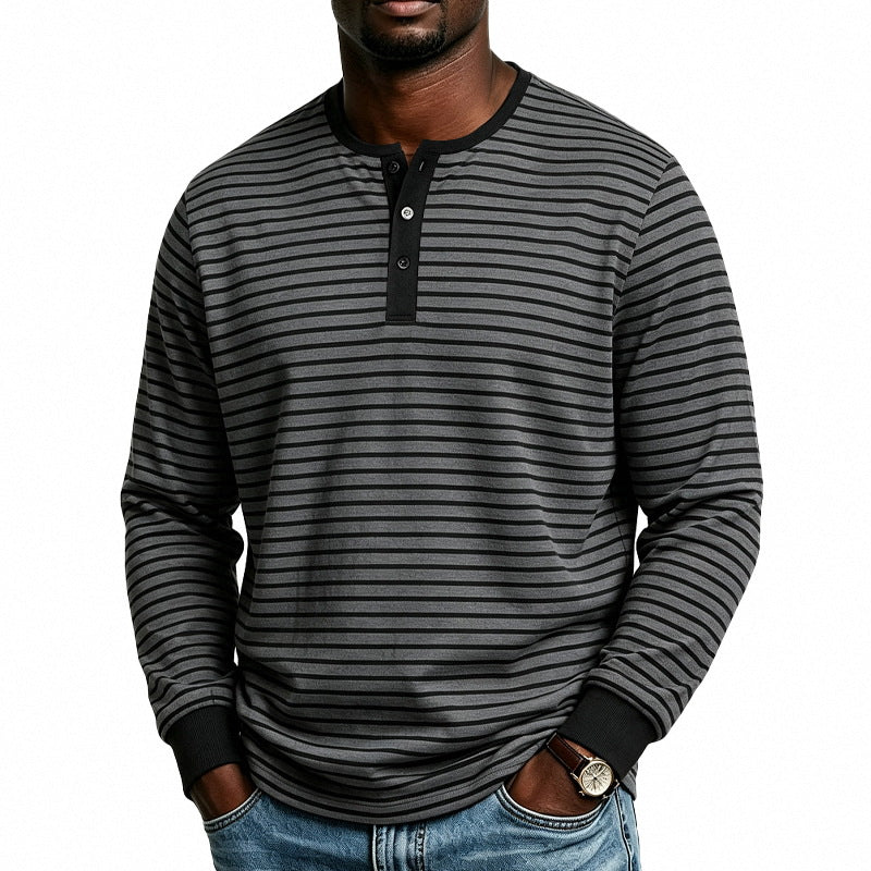 Herren Gestreiftes Langarm-Henleyshirt aus Baumwollmischung mit Knopfleiste Shop Nory