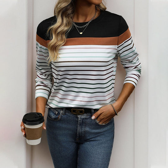 Damen Langärmliges gestreiftes Shirt mit Colorblock‑Schulter und Rundhalsausschnitt Shop Nory