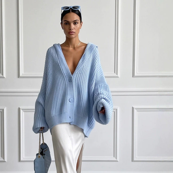 Damen Oversized Kapuzen-Strickcardigan mit Ballonärmeln und Knopfleiste Shop Nory
