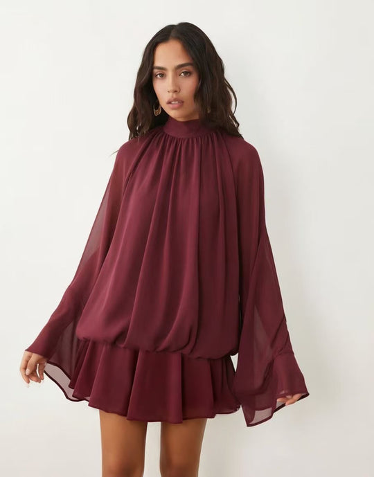 Damen Chiffon-Minikleid mit geraffter Blusentunika, Stehkragen und Volantrock Shop Nory
