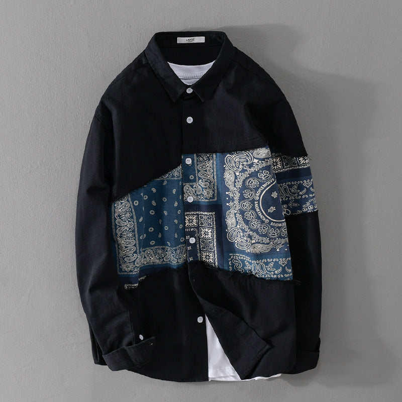 Herren Patchwork-Hemdjacke mit Bandana-Einsatz, rohen Kanten und weiter Passform Shop Nory