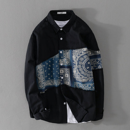 Herren Patchwork-Hemdjacke mit Bandana-Einsatz, rohen Kanten und weiter Passform Shop Nory