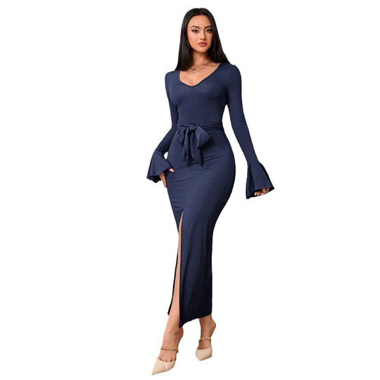 Damen figurbetontes Maxikleid mit V-Ausschnitt Trompetenärmeln Taillenband und hohem Seitenschlitz Shop Nory