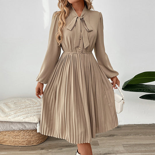 Damen Plissiertes Midikleid mit Schleifenkragen, tailliertem Gummibund und langen Ballonärmeln Shop Nory
