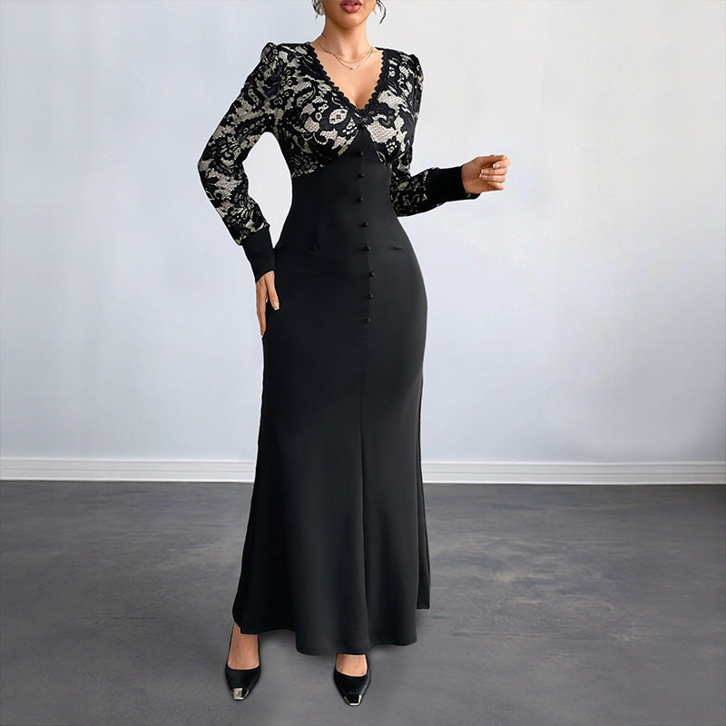 Damen Figurbetontes Maxikleid mit Spitzenoberteil, V‑Ausschnitt und Zierknopfleiste Shop Nory